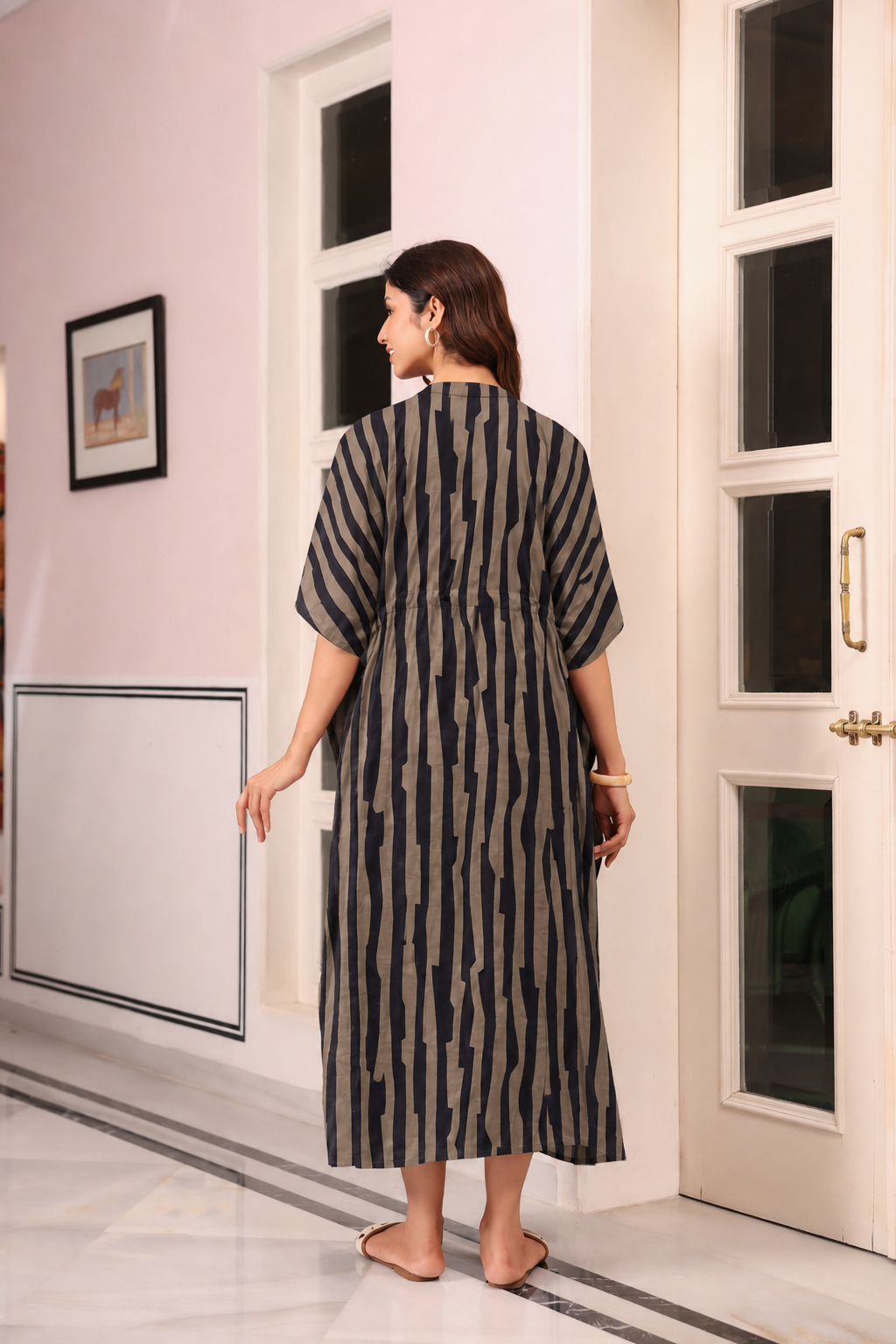 Black Grey Abstract Stripe Cotton Kaftan ( One-Size )