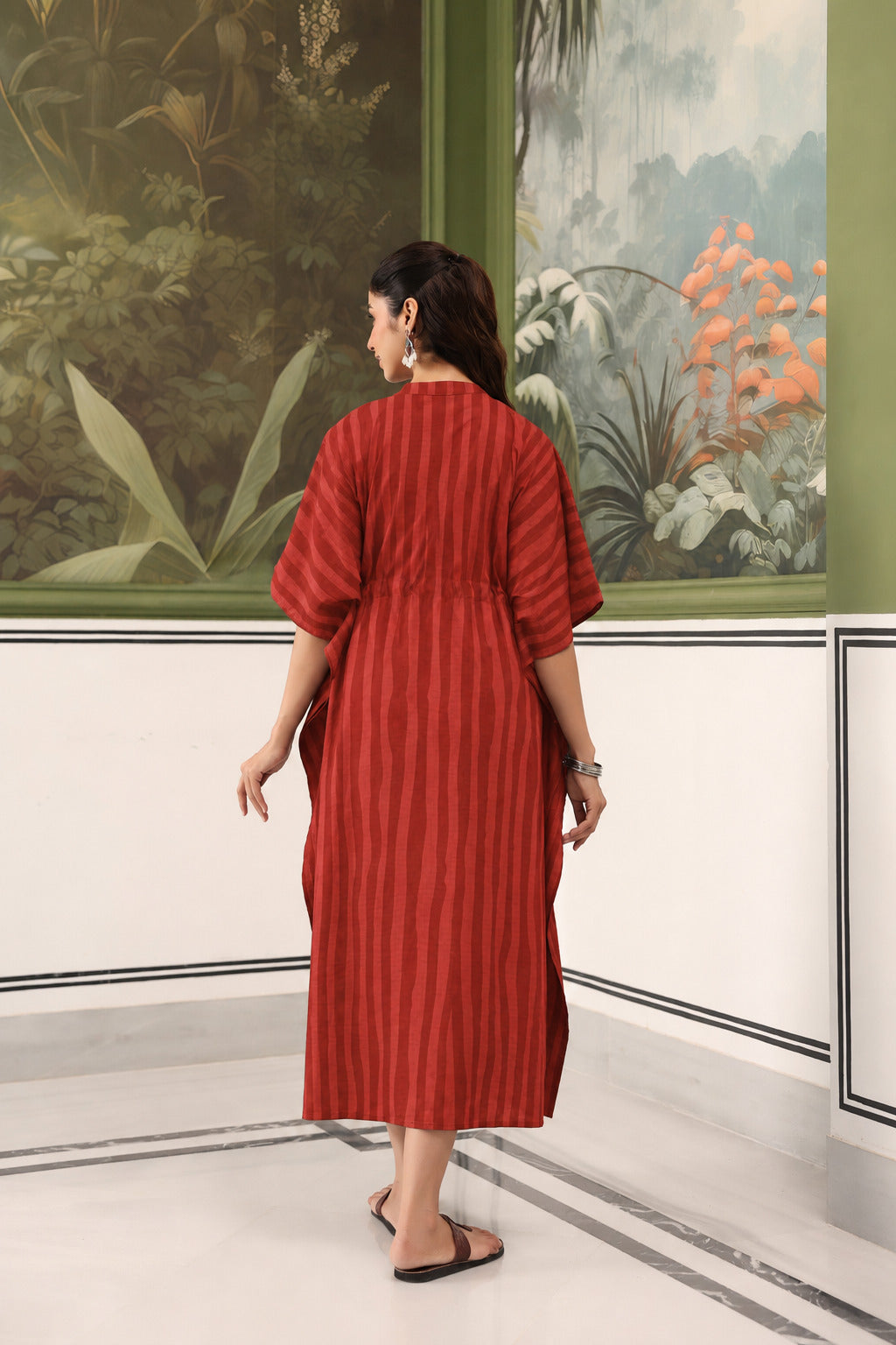 Rust Abstract Stripe Cotton Maternity - Nursing Kaftan ( One-Size )