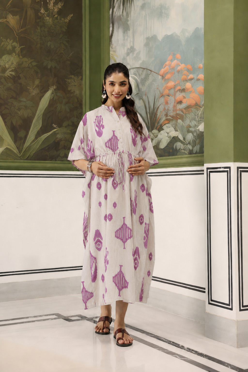 French Grey Classic Ikat Cotton Maternity - Nursing Kaftan ( One-Size )