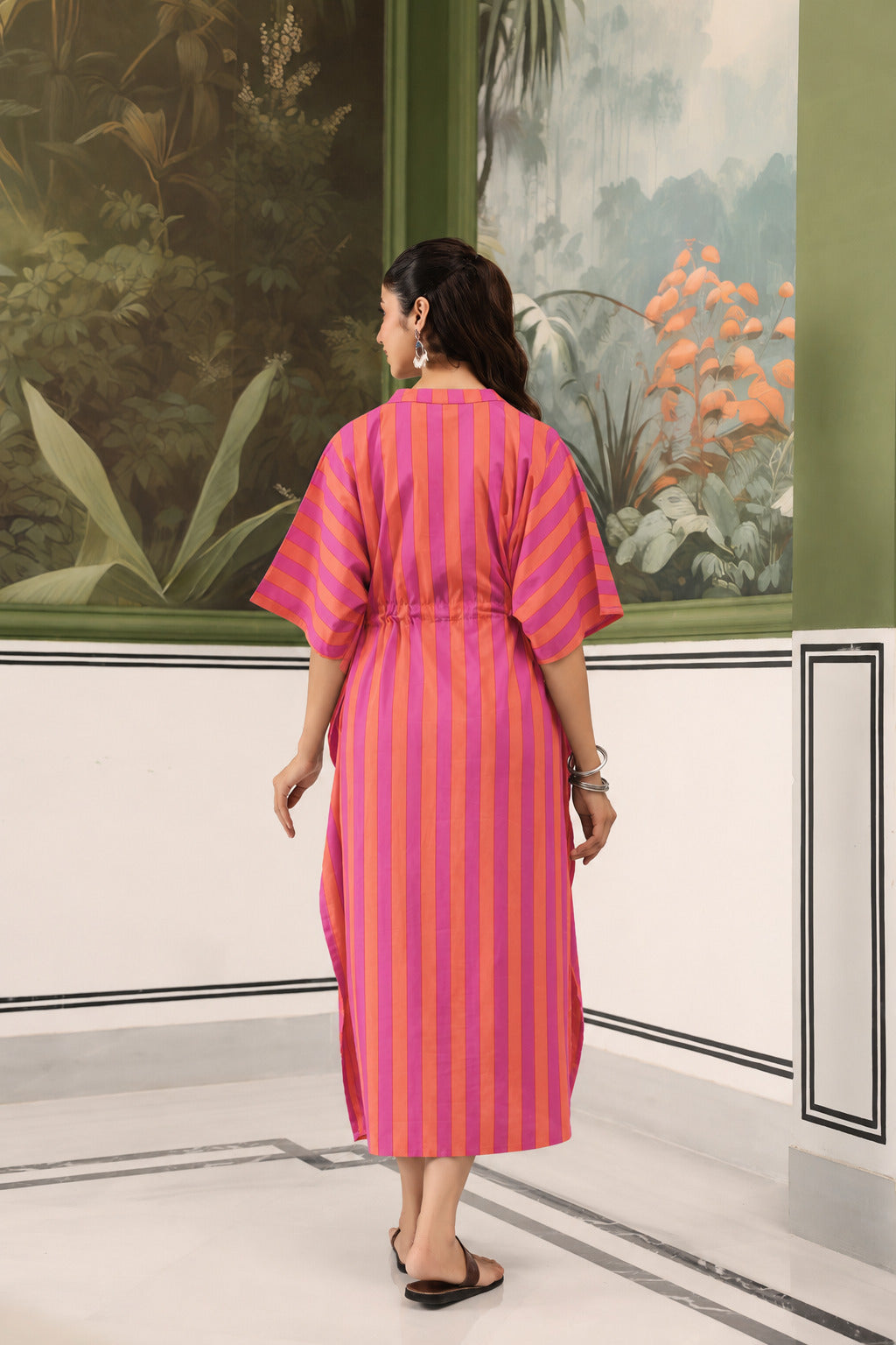 Rani Coral Stripes Cotton Maternity - Nursing Kaftan ( One-Size )