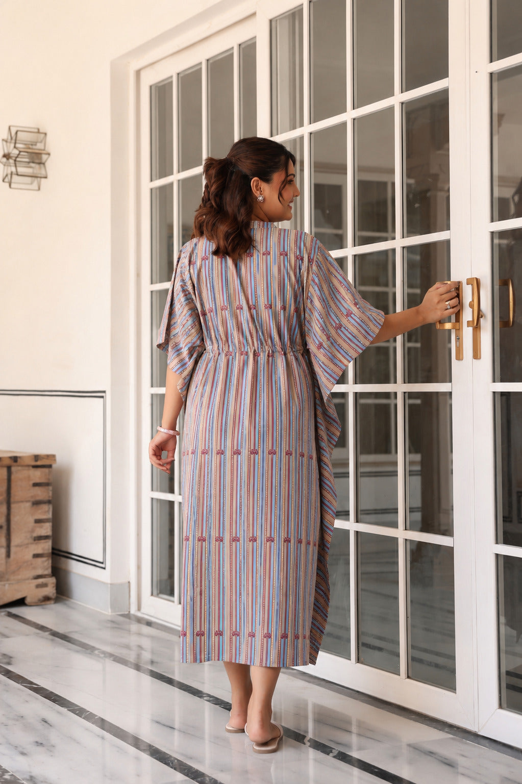 Azure Ajrakh Lines Cotton Maternity - Nursing Kaftan ( One-Size )