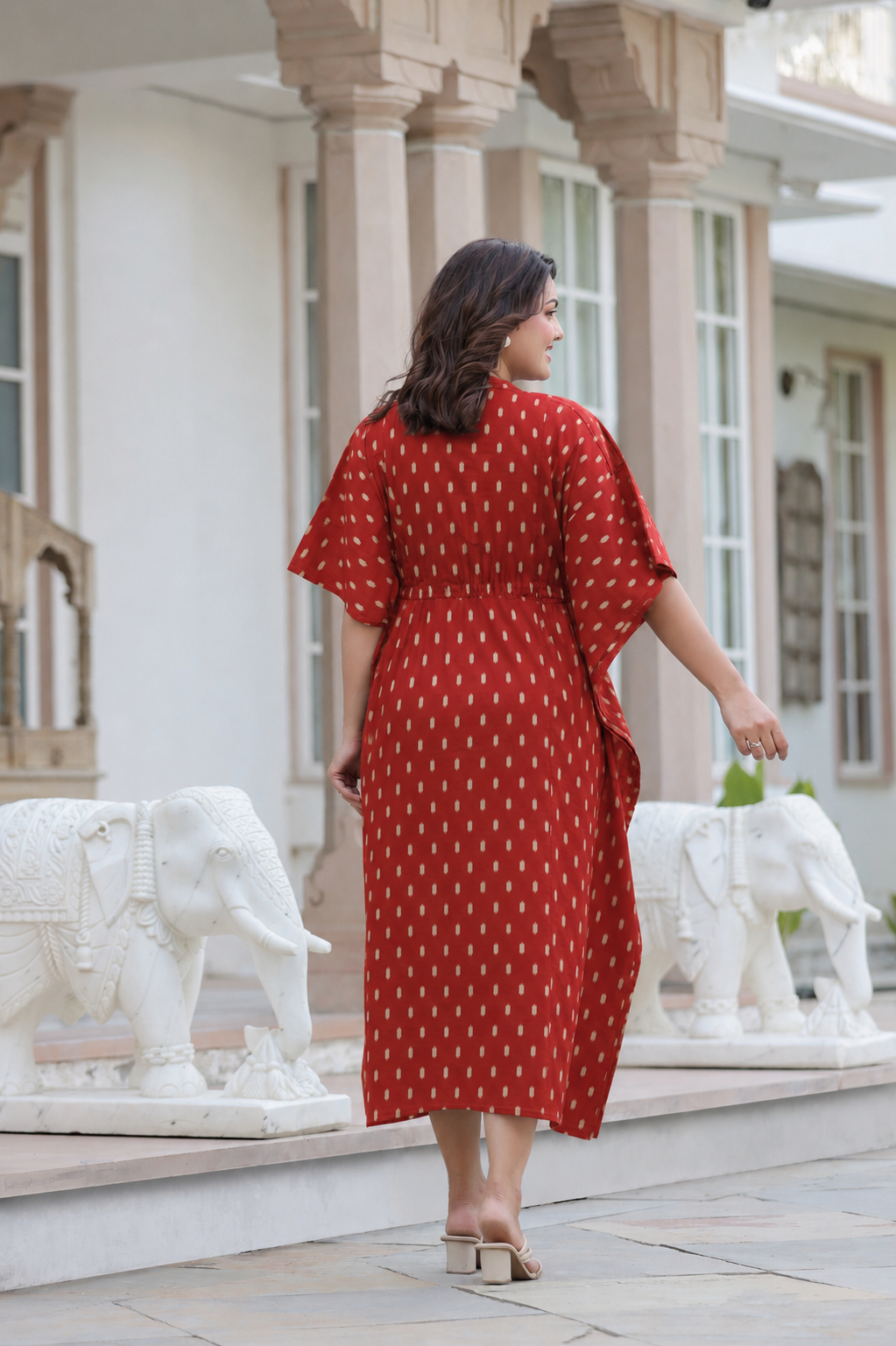 Maroon Loom Print Cotton Kaftan ( One-Size )