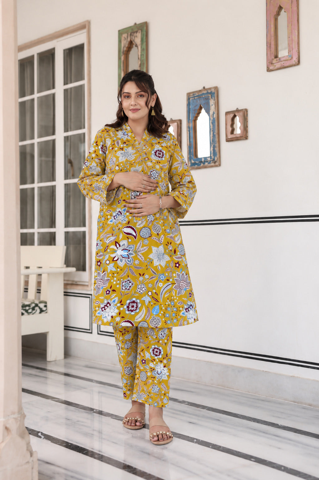 Golden Petals Cotton Maternity - Nursing Co-ord Set