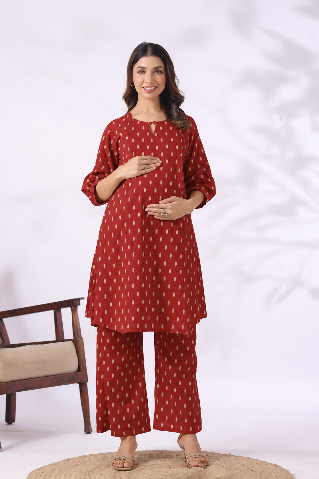 Maroon Loom Print Cotton Maternity - Nursing Co-ord Set