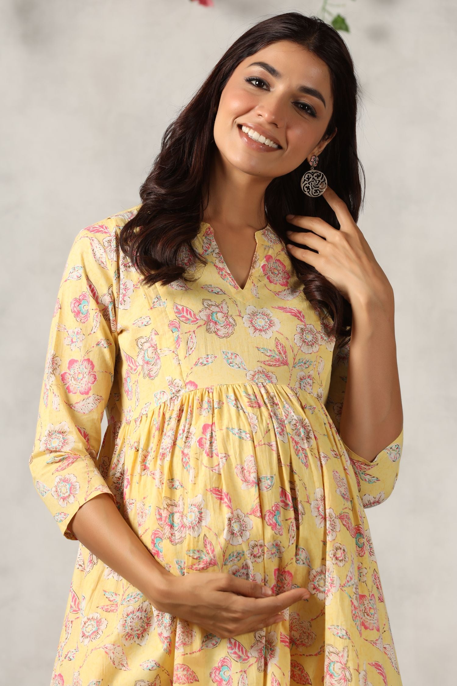 Yellow Florocent Cotton Maternity - Nursing  Dress