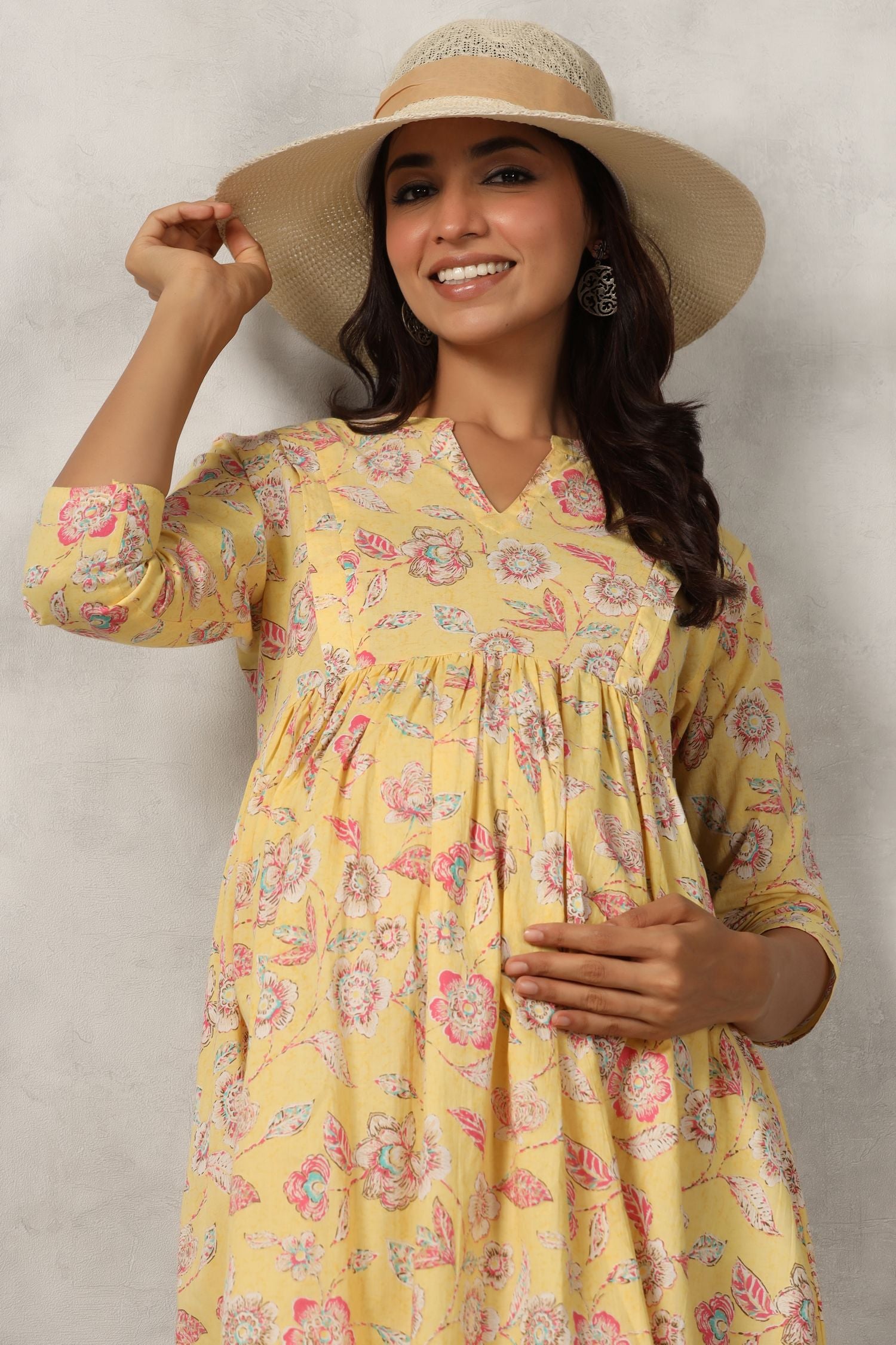 Yellow Florocent Cotton Maternity - Nursing  Dress