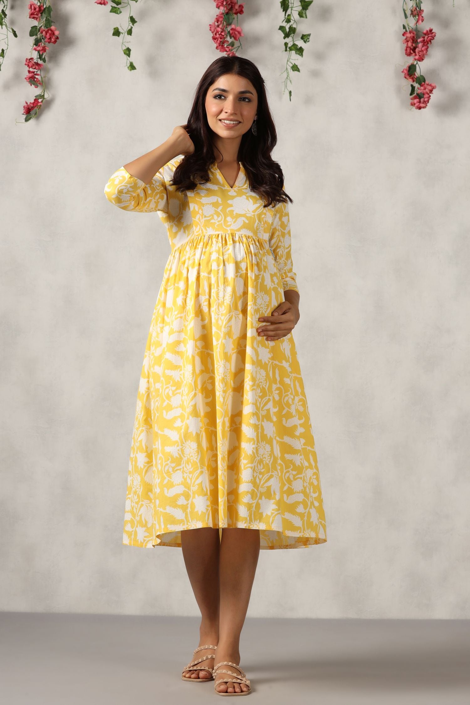 Sunkissed Yellow Floral Cotton Maternity - Nursing Dress