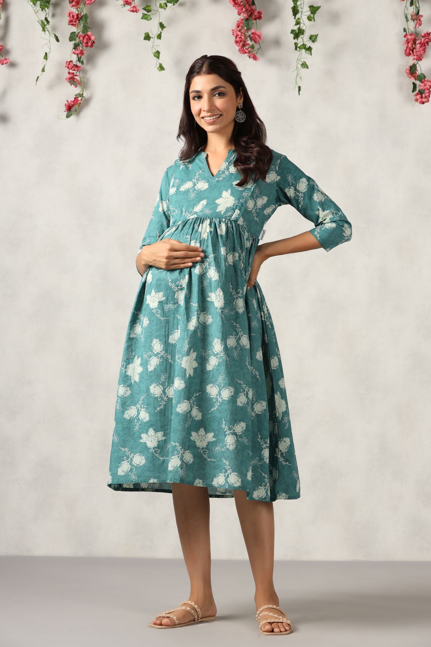 Pine Green Floral Cotton Maternity - Nursing Dress