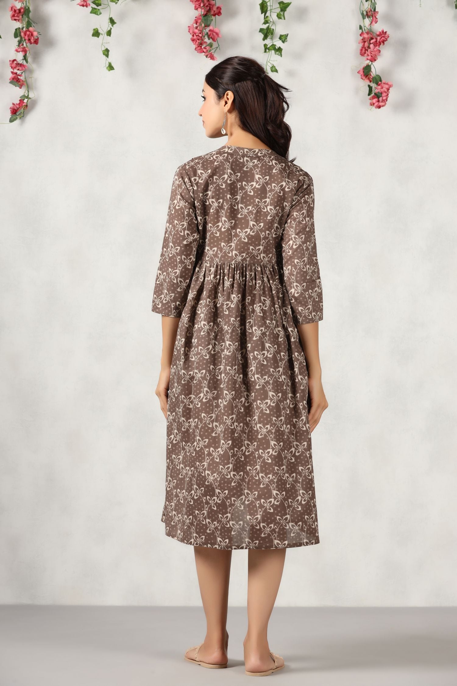 Fossil Grey Leaf Cotton Maternity - Nursing Dress