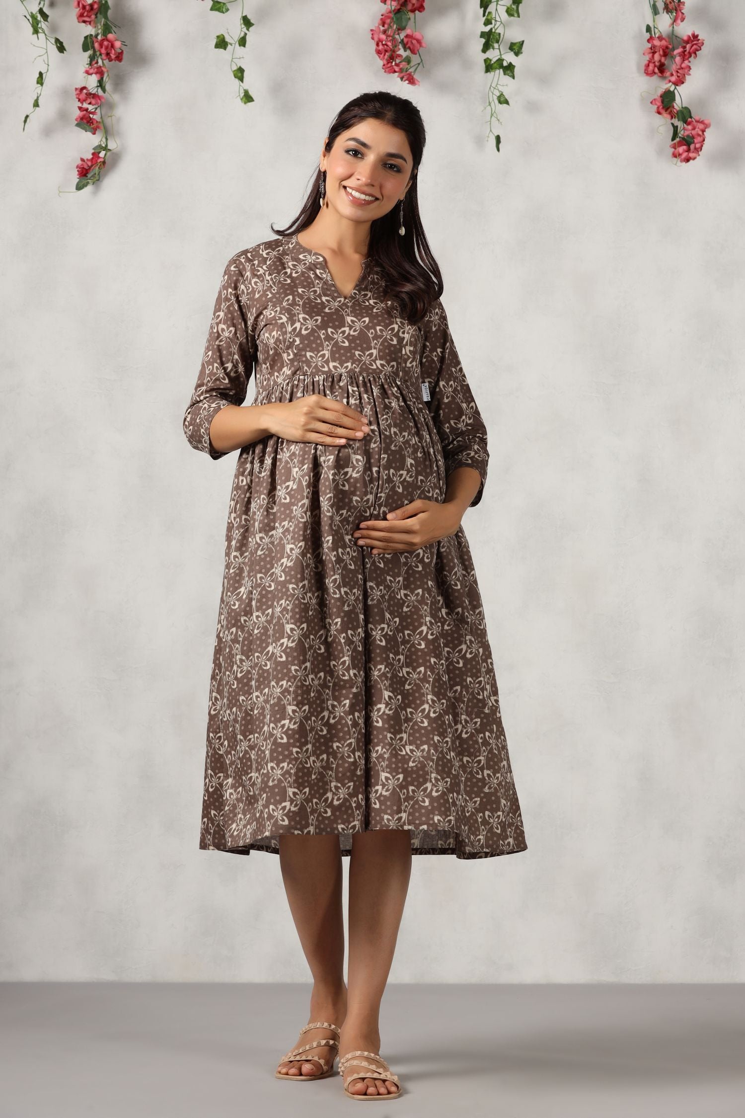 Fossil Grey Leaf Cotton Maternity - Nursing Dress