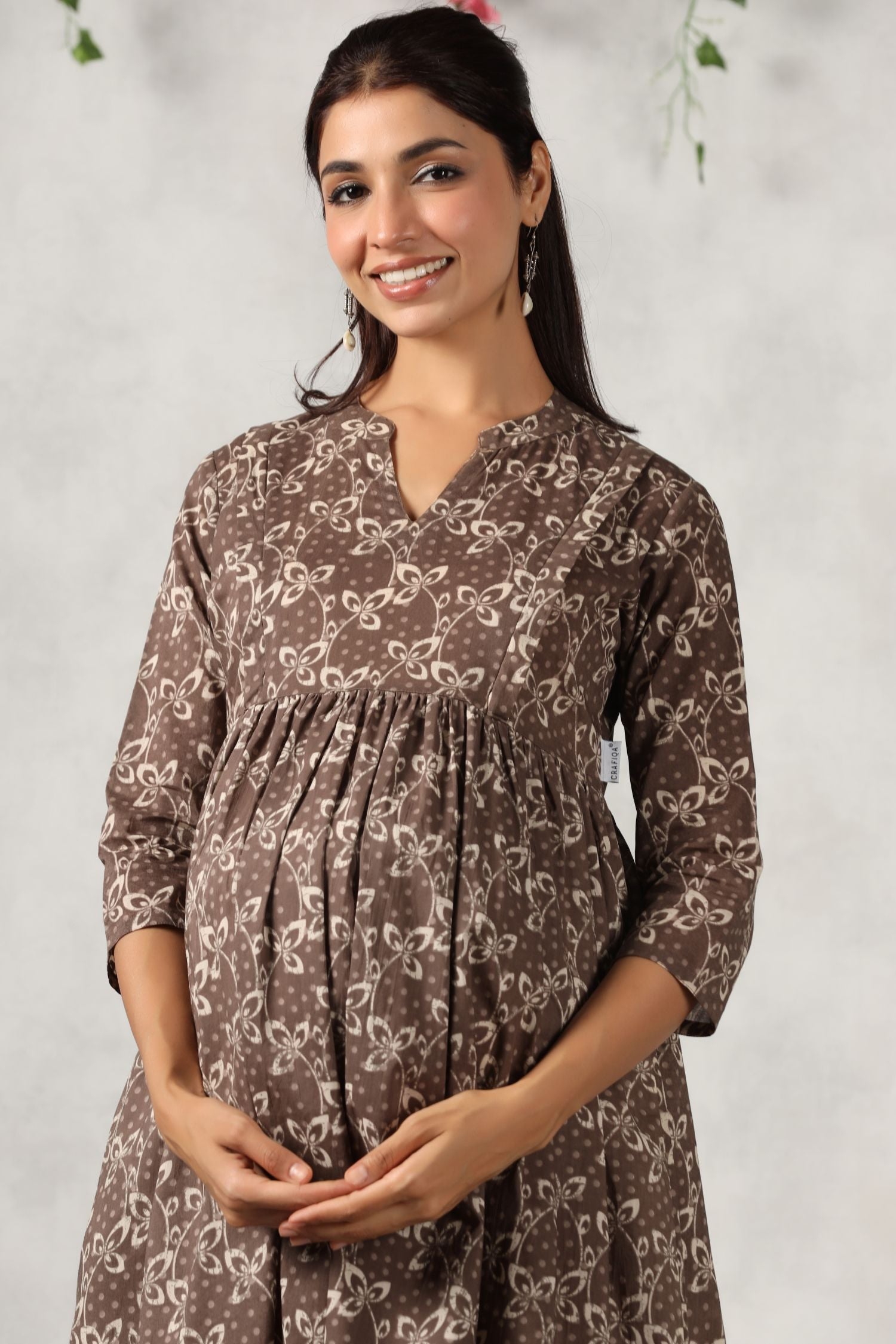 Fossil Grey Leaf Cotton Maternity - Nursing Dress