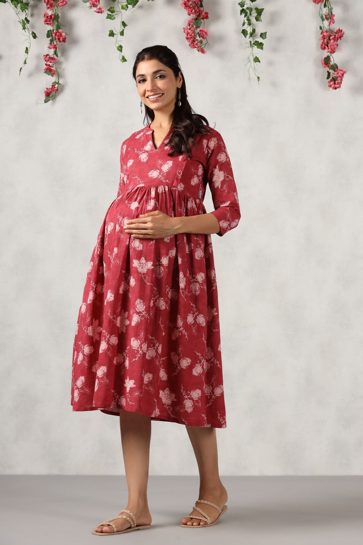 Antique Ruby Floral Cotton Maternity - Nursing Dress