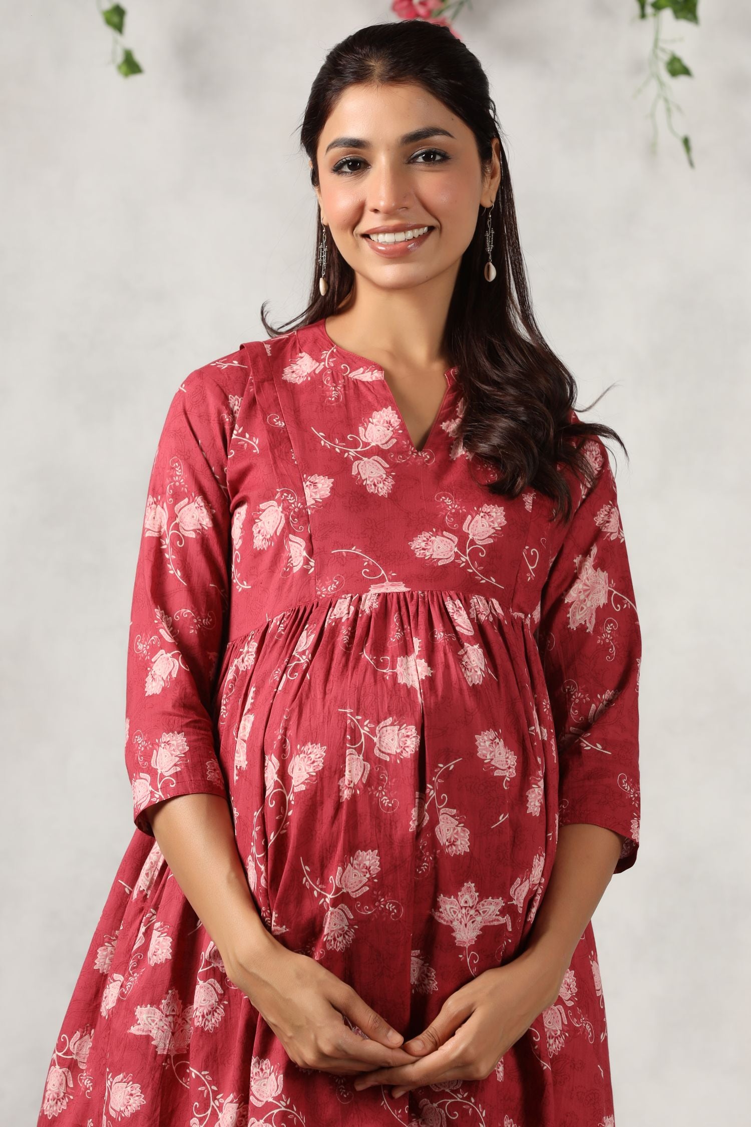 Antique Ruby Floral Cotton Maternity - Nursing Dress