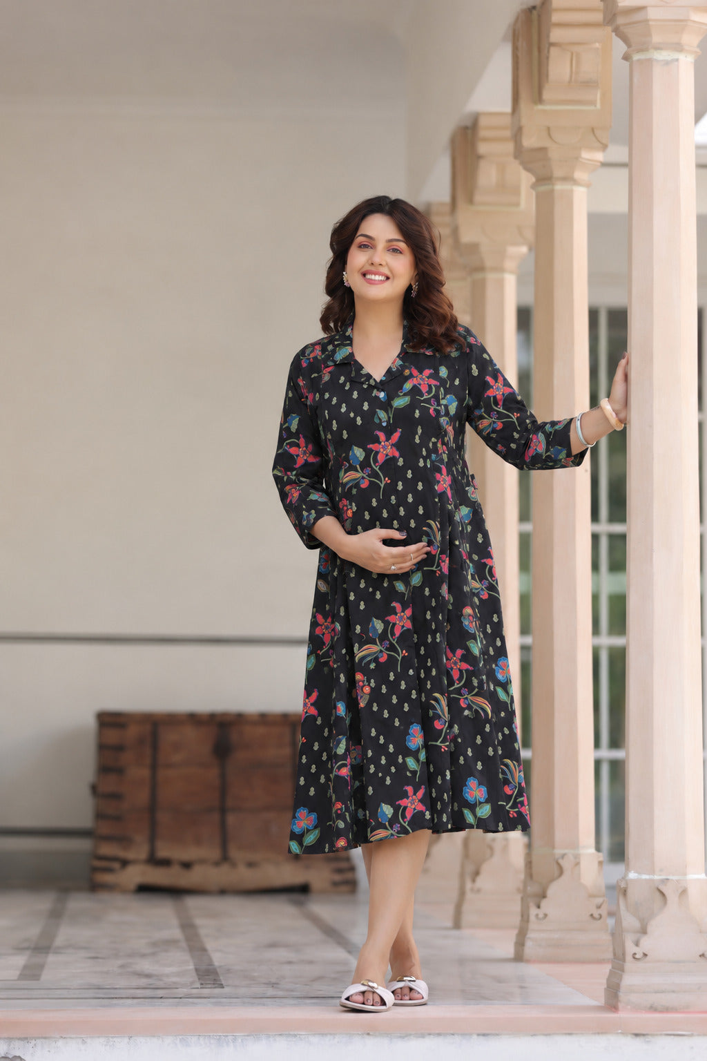Wildflower Noir Cotton Maternity - Nursing Dress