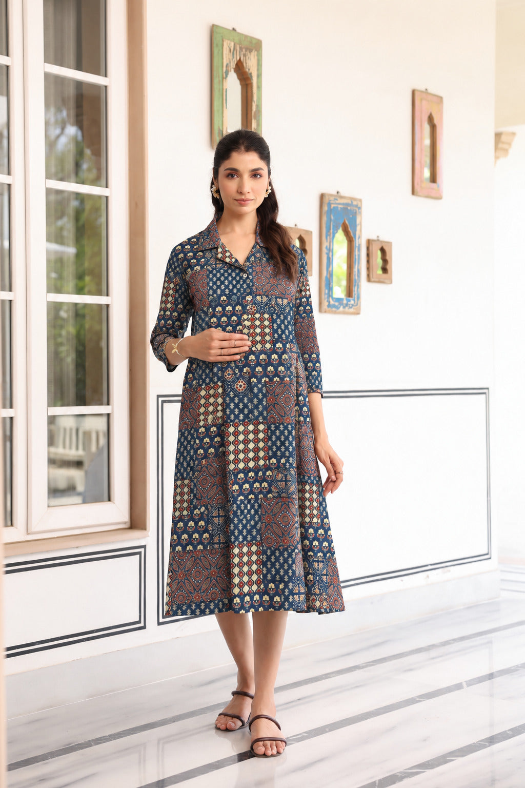 Indigo Patchwork Cotton Maternity - Nursing Dress