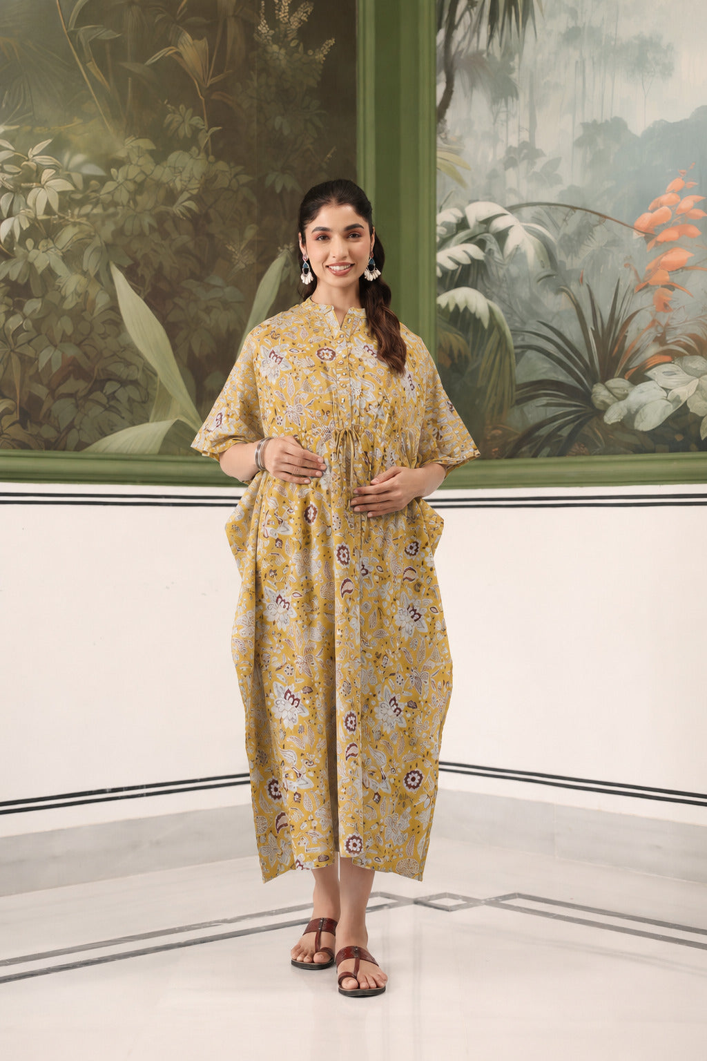 Wildflower Gold Cotton Maternity - Nursing Kaftan ( One-Size )