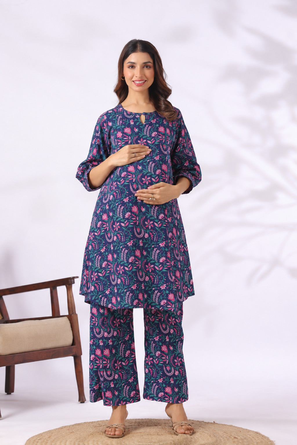 Vintage Blue Floral Cotton Maternity - Nursing Co-ord Set