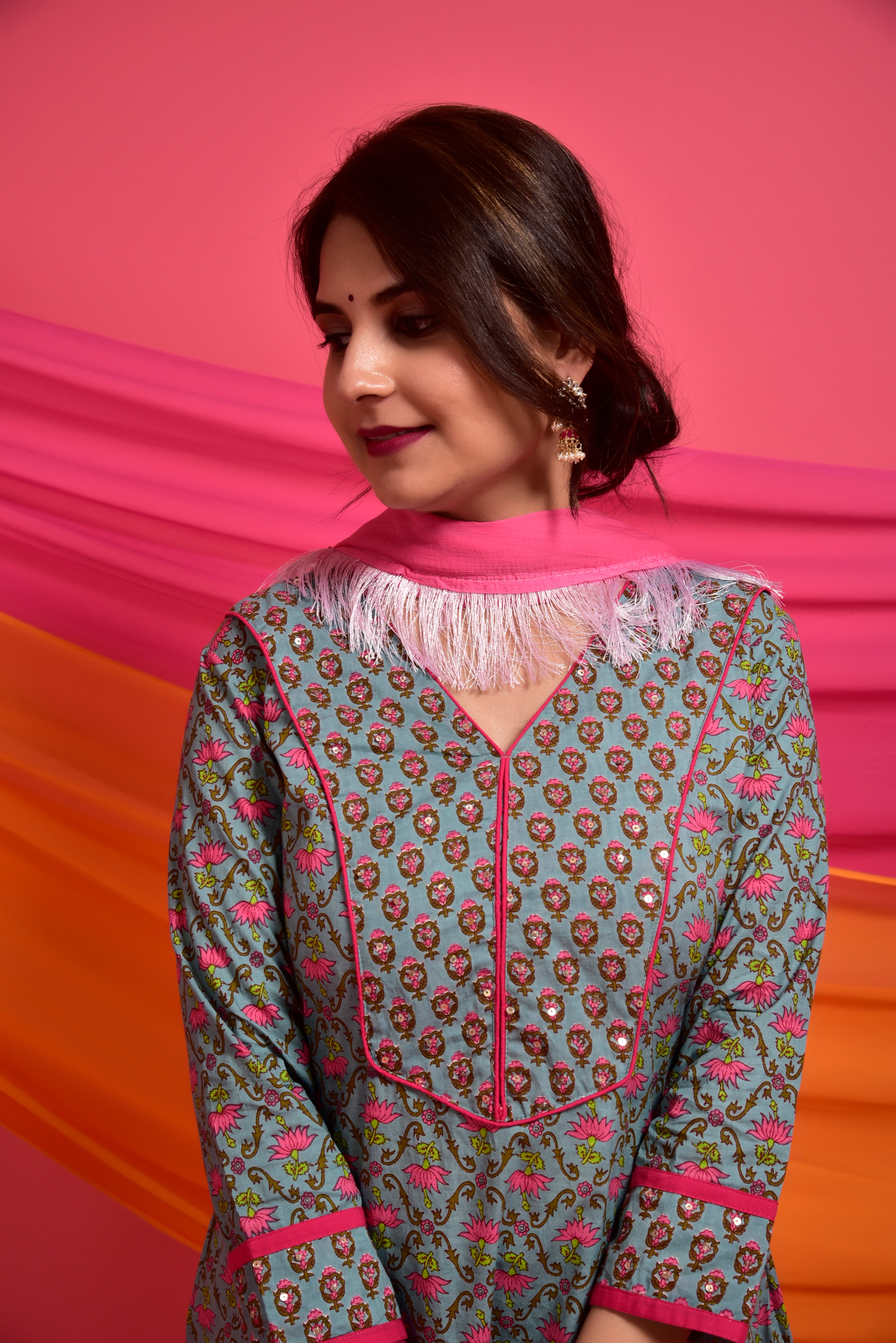 Aesthetic Grey Floral Cotton Suit