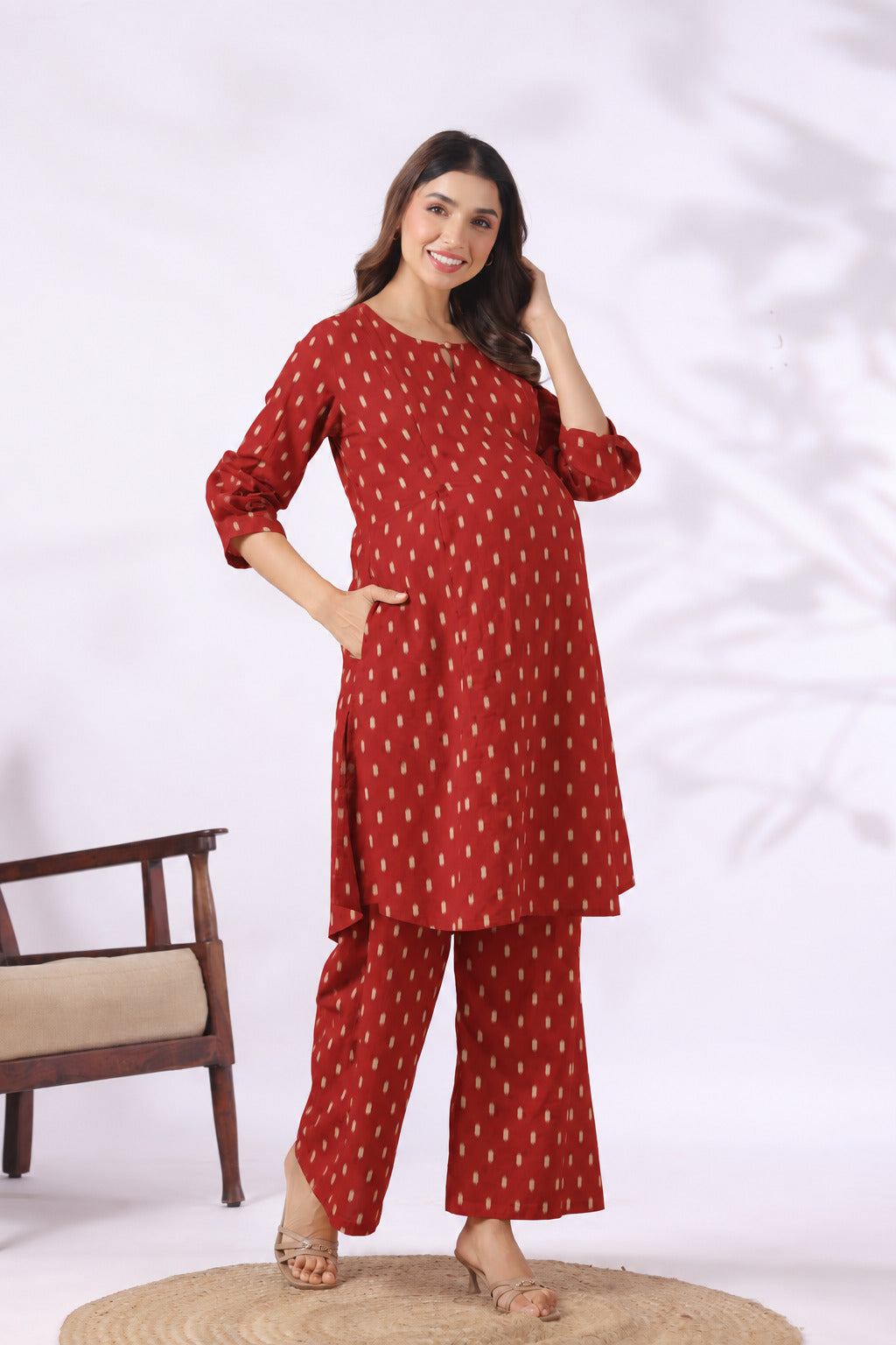 Maroon Loom Print Cotton Maternity - Nursing Co-ord Set