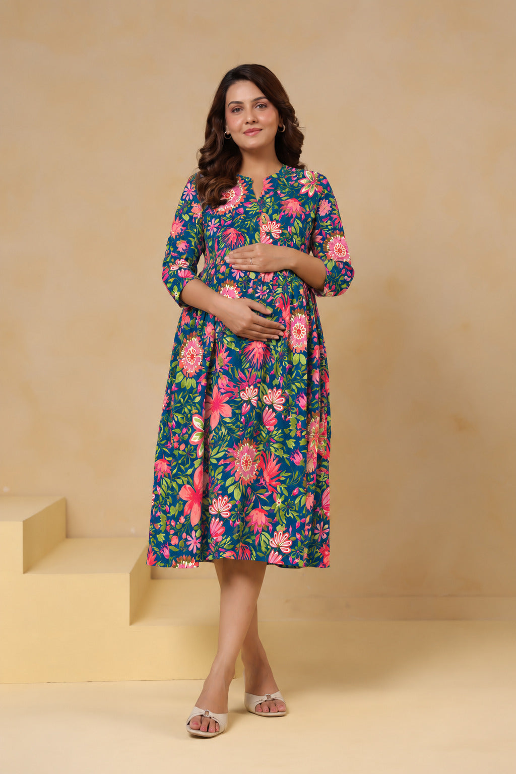 Teal Blossom Garden Cotton Maternity - Nursing Dress
