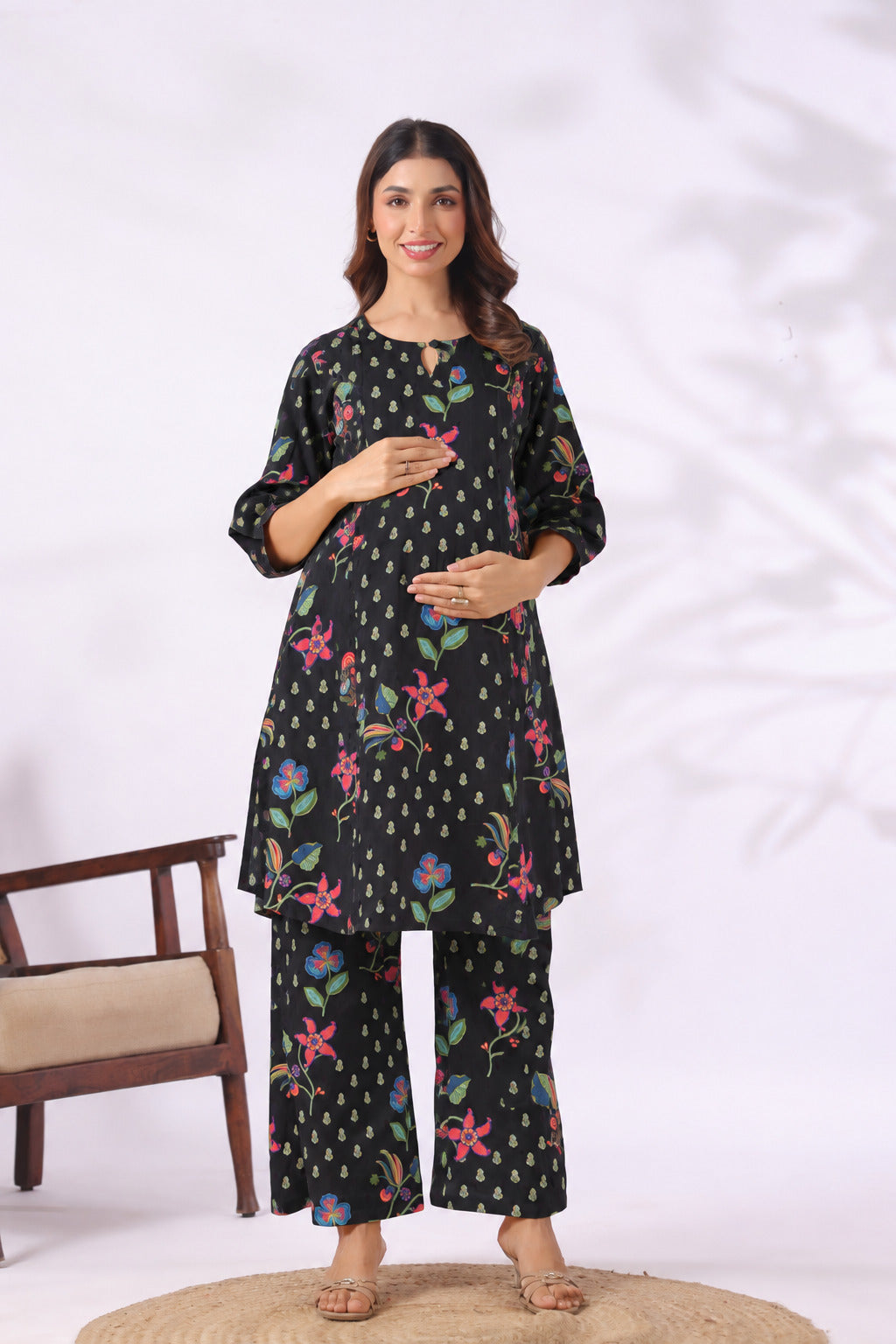 Wildflower Noir Cotton Maternity - Nursing Co-ord Set