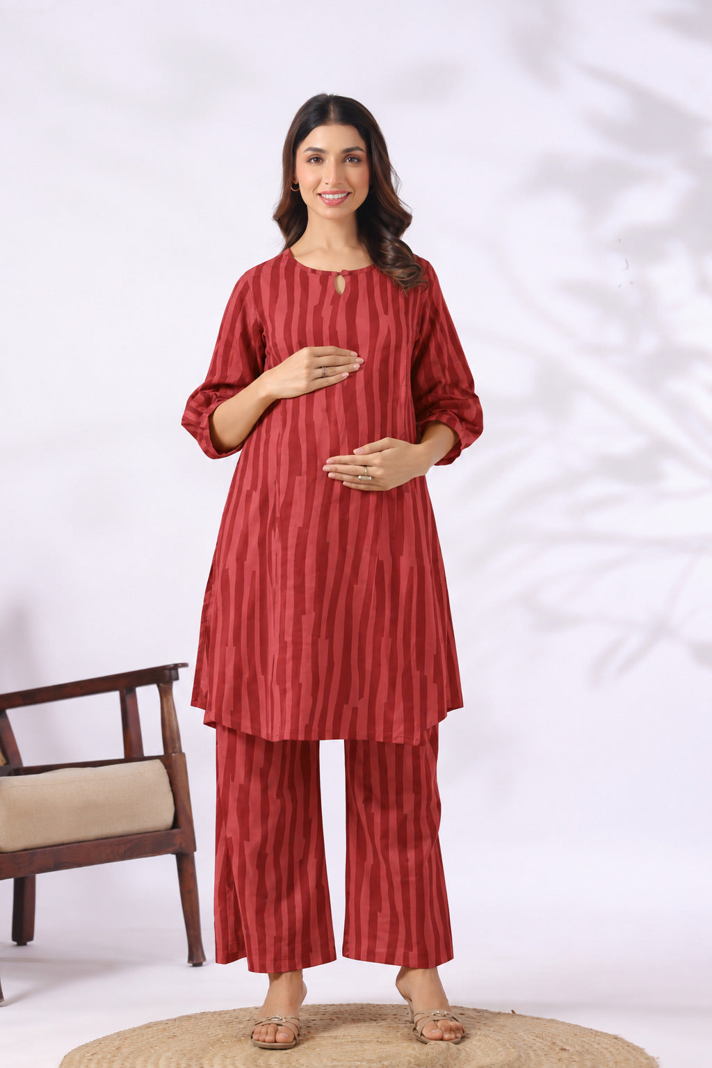 Rust Abstract Stripe Cotton Maternity - Nursing Co-ord Set