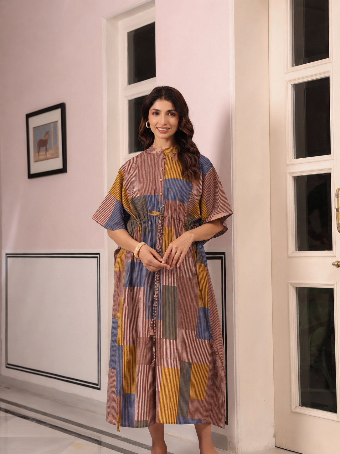 Ocean Blue Multi Panelled Cotton Kaftan ( One-Size )