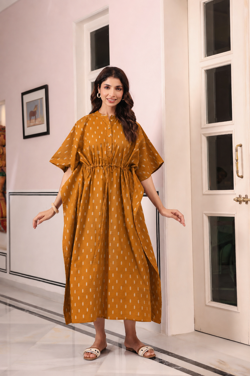 Mustard Loom Print Cotton Kaftan ( One-Size )