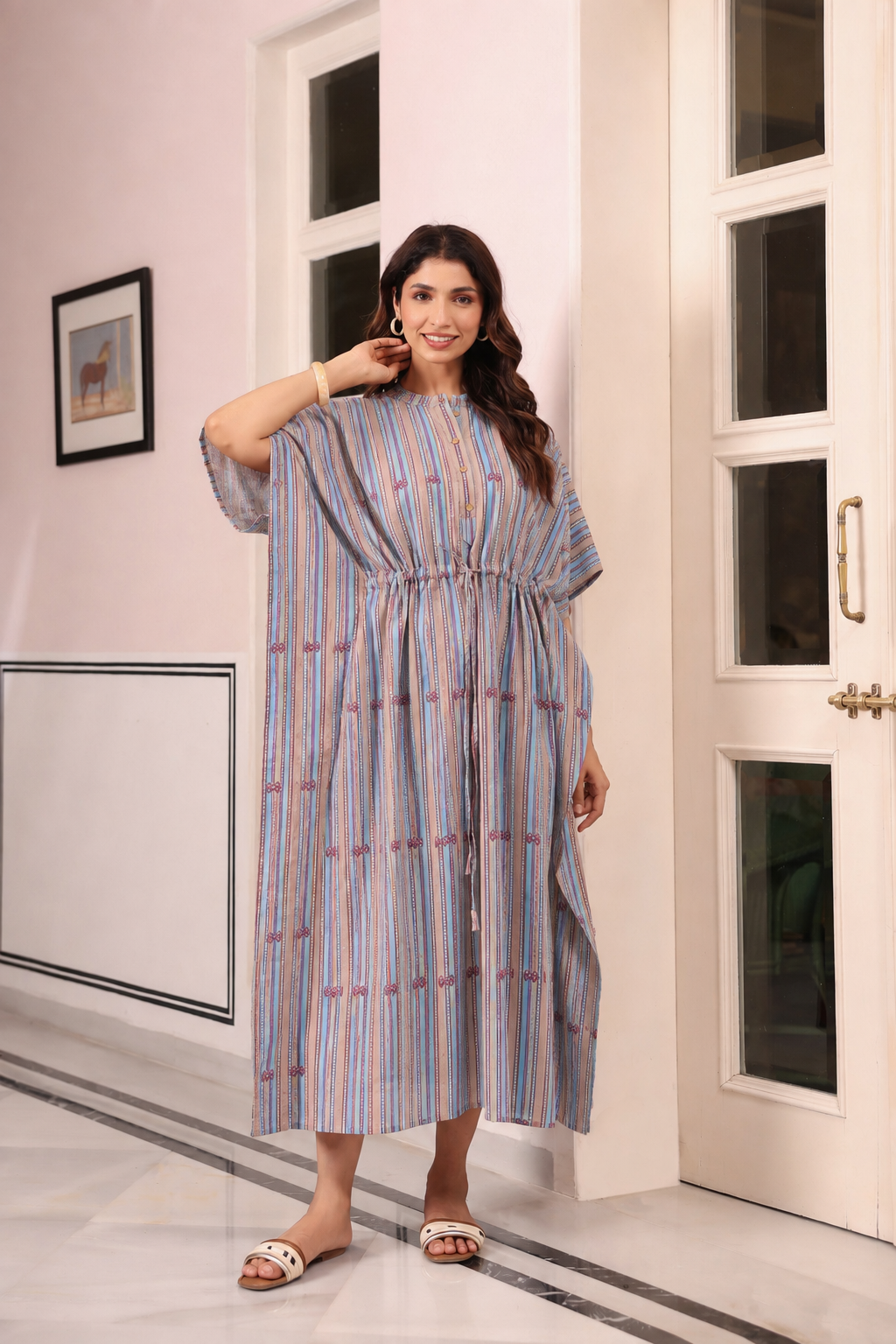 Azure Ajrakh Lines Cotton Kaftan ( One-Size )
