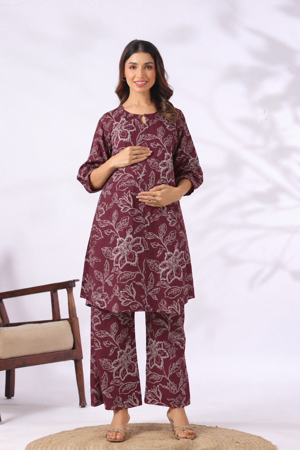 Plum Leaf Print Cotton Maternity - Nursing Co-ord Set