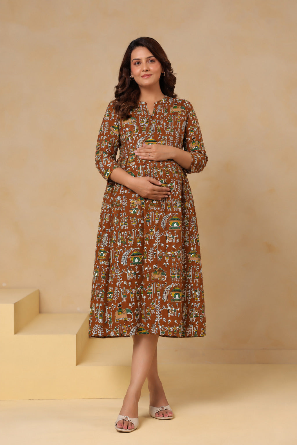 Rust Heritage Art Cotton Maternity - Nursing Dress