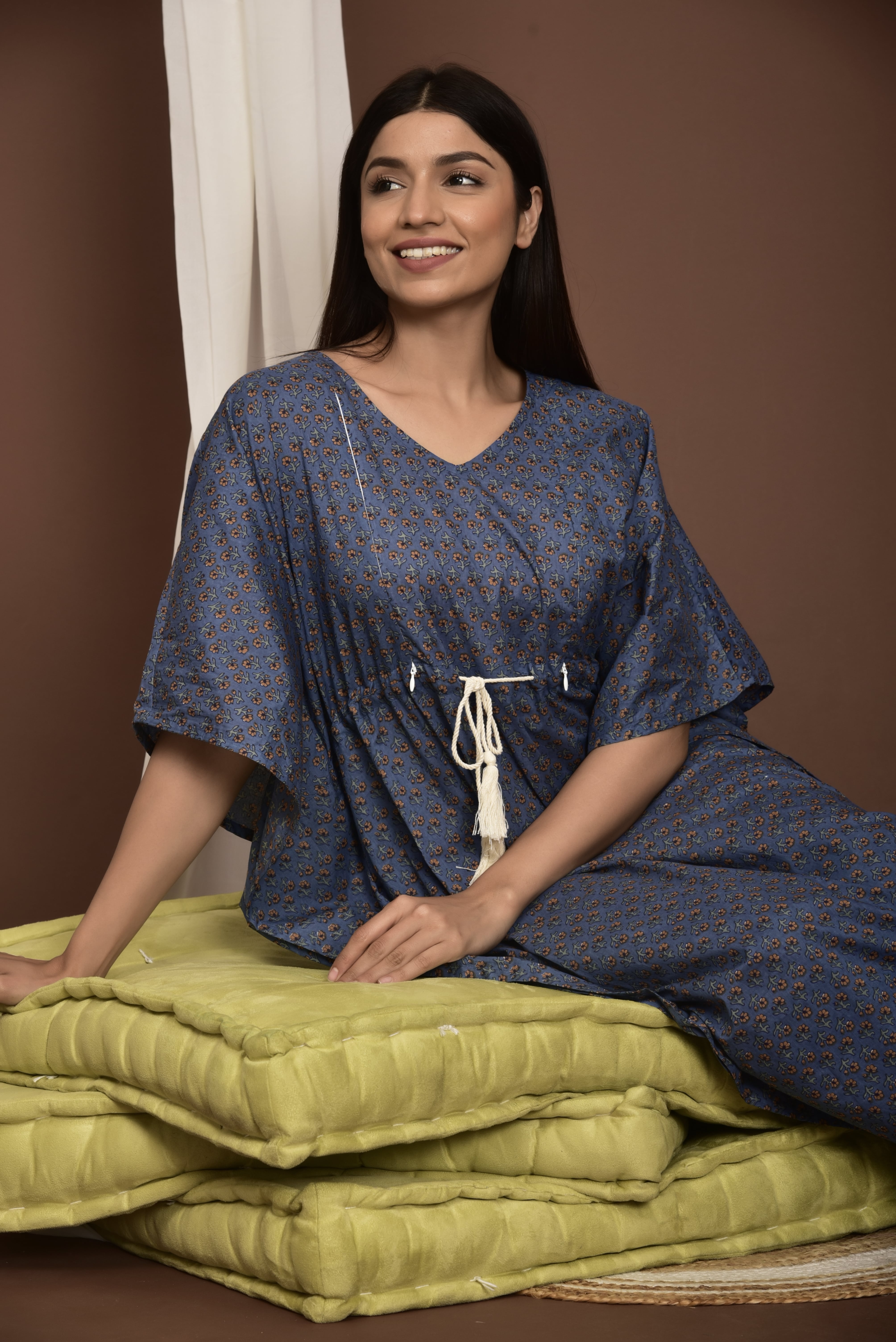 Glaucous Booti Cotton Maternity - Nursing Kaftan ( One-Size )