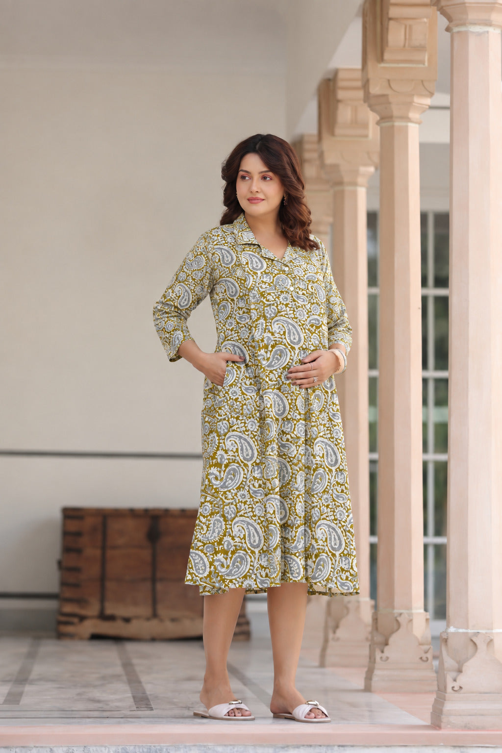 Olive Paisley Cotton Maternity - Nursing Dress