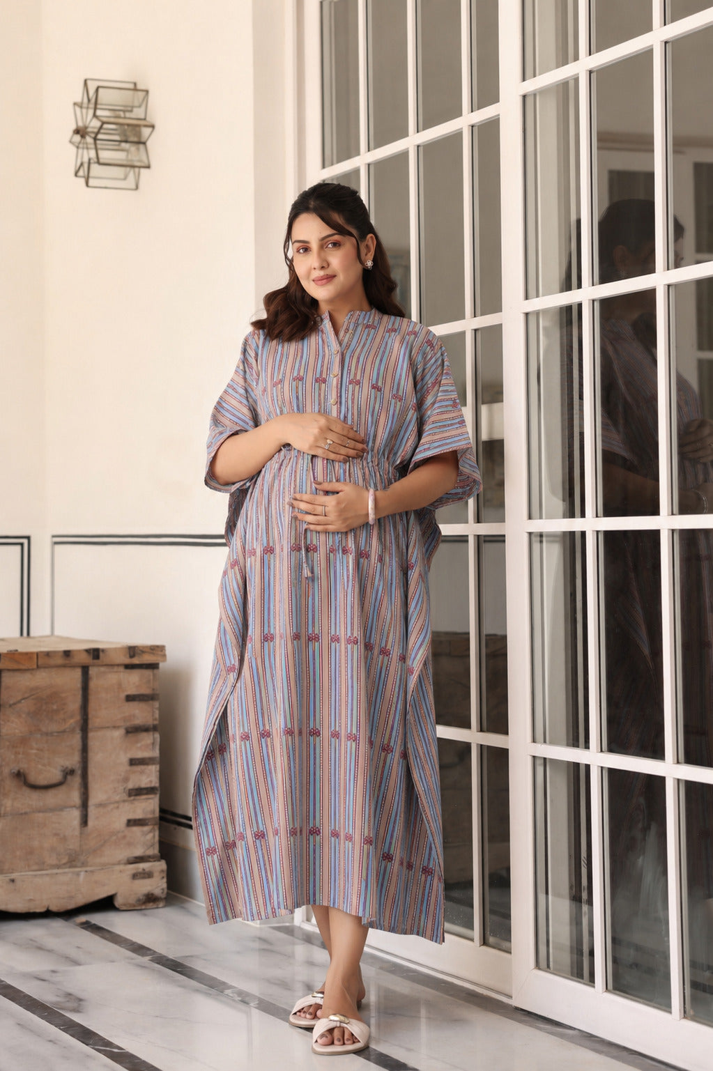 Azure Ajrakh Lines Cotton Maternity - Nursing Kaftan ( One-Size )