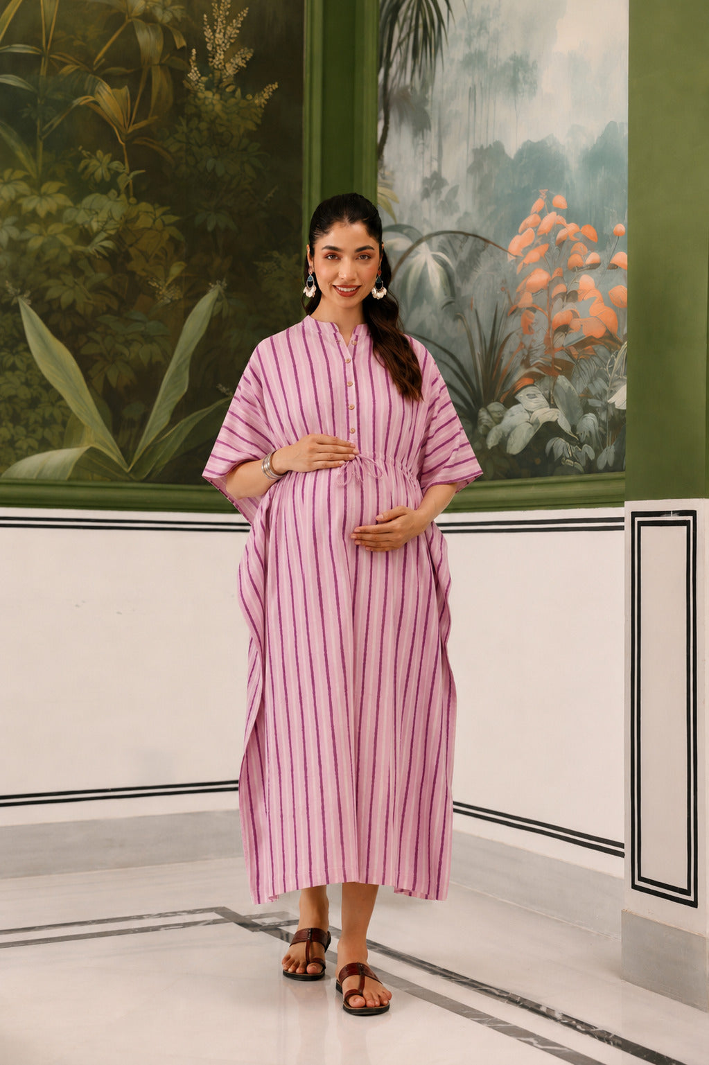 Lilac Dream Striped Cotton Maternity - Nursing Kaftan ( One-Size )
