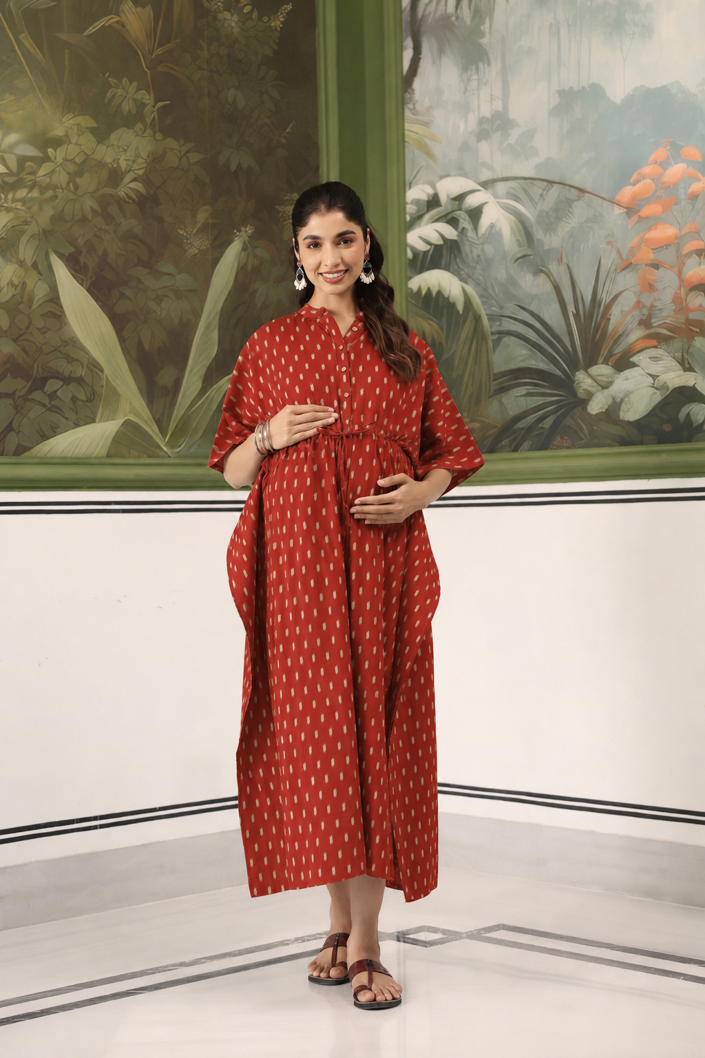 Maroon Loom Print Cotton Maternity - Nursing Kaftan ( One-Size )