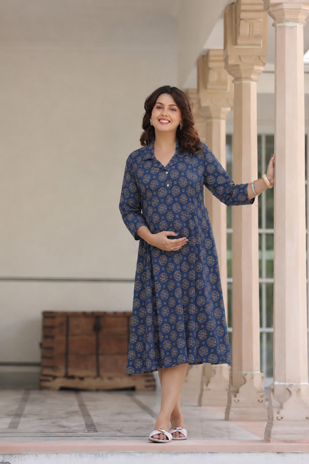 Indigo Mandala Bloom Cotton Maternity - Nursing Dress