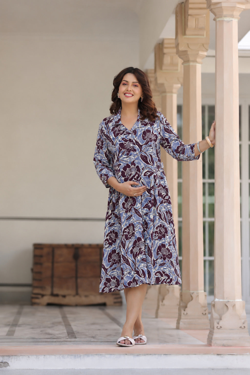 Wine Blossom Cotton Maternity - Nursing Dress