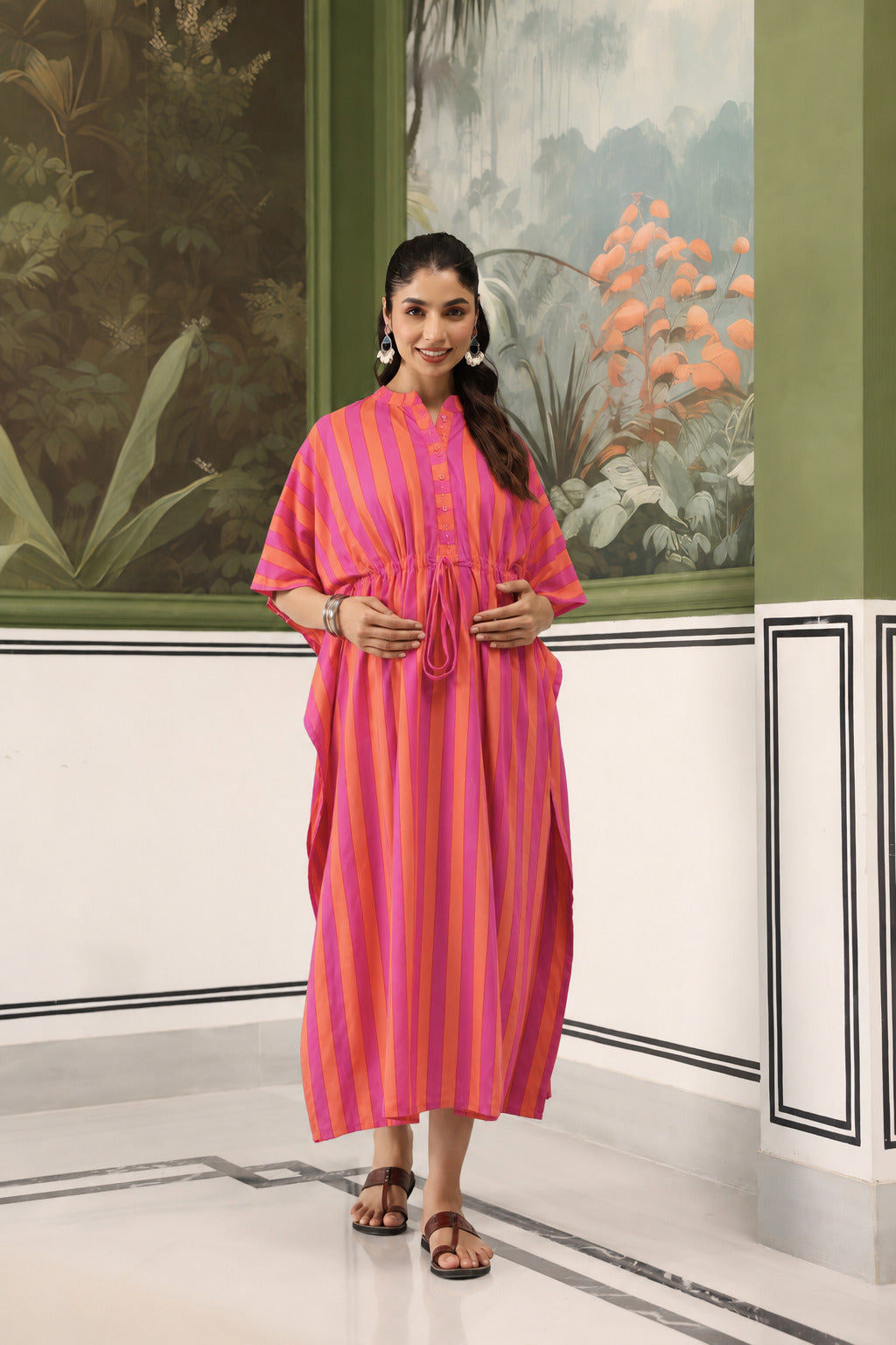 Rani Coral Stripes Cotton Maternity - Nursing Kaftan ( One-Size )