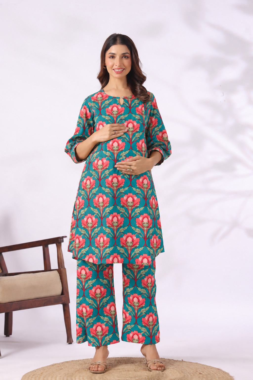 Gulbahar Teal Cotton Maternity - Nursing Co-ord Set