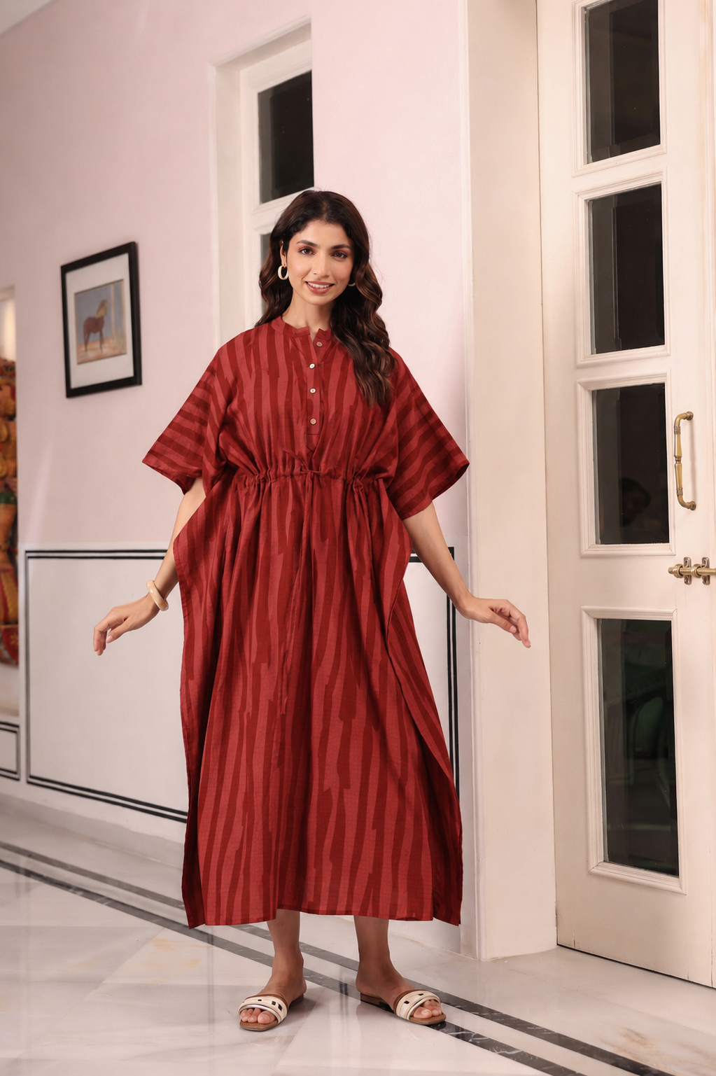 Rust Abstract Stripe Cotton Kaftan ( One-Size )