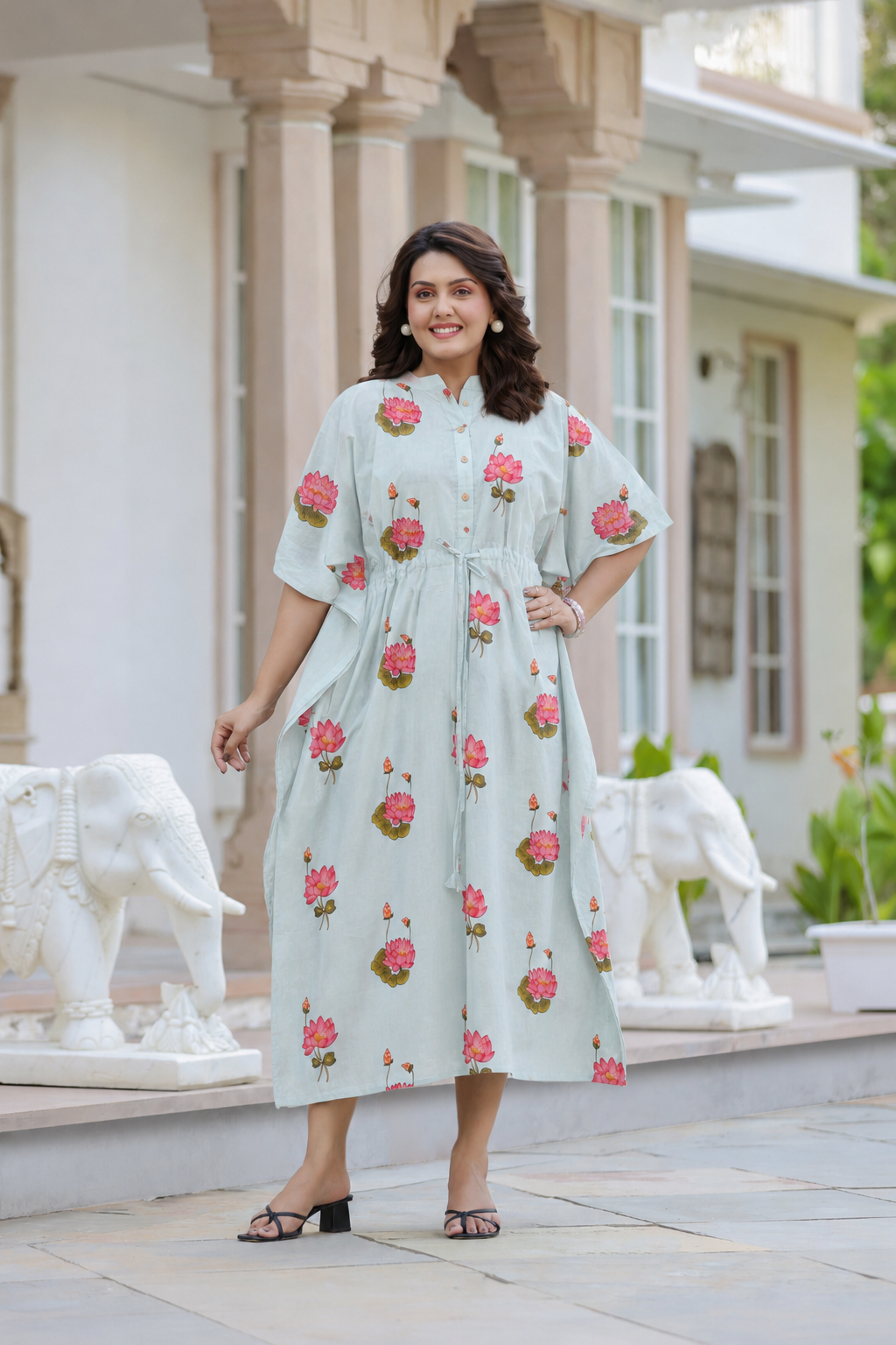 Vintage Lotus Pond Cotton Kaftan ( One-Size )