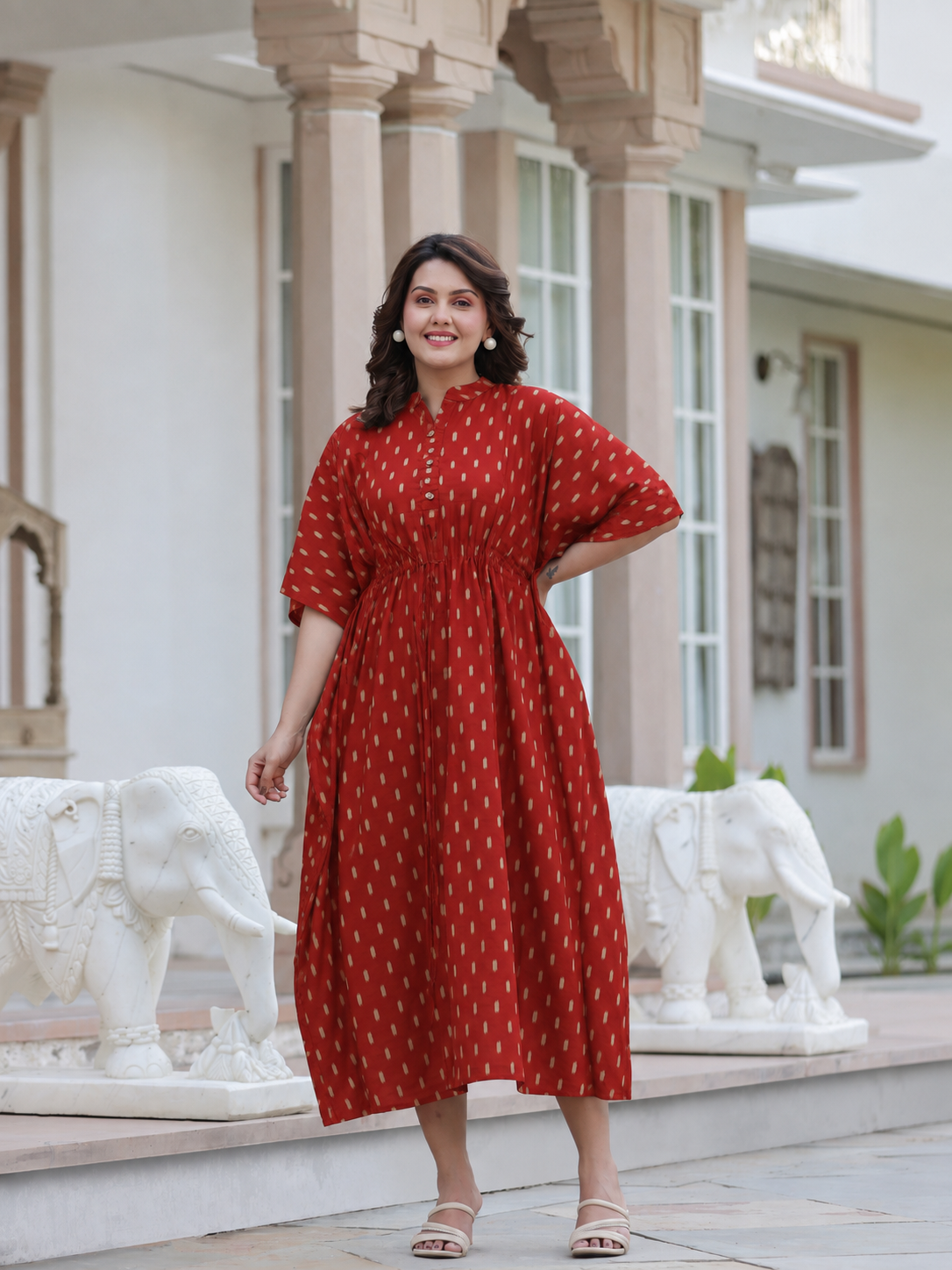 Maroon Loom Print Cotton Kaftan ( One-Size )