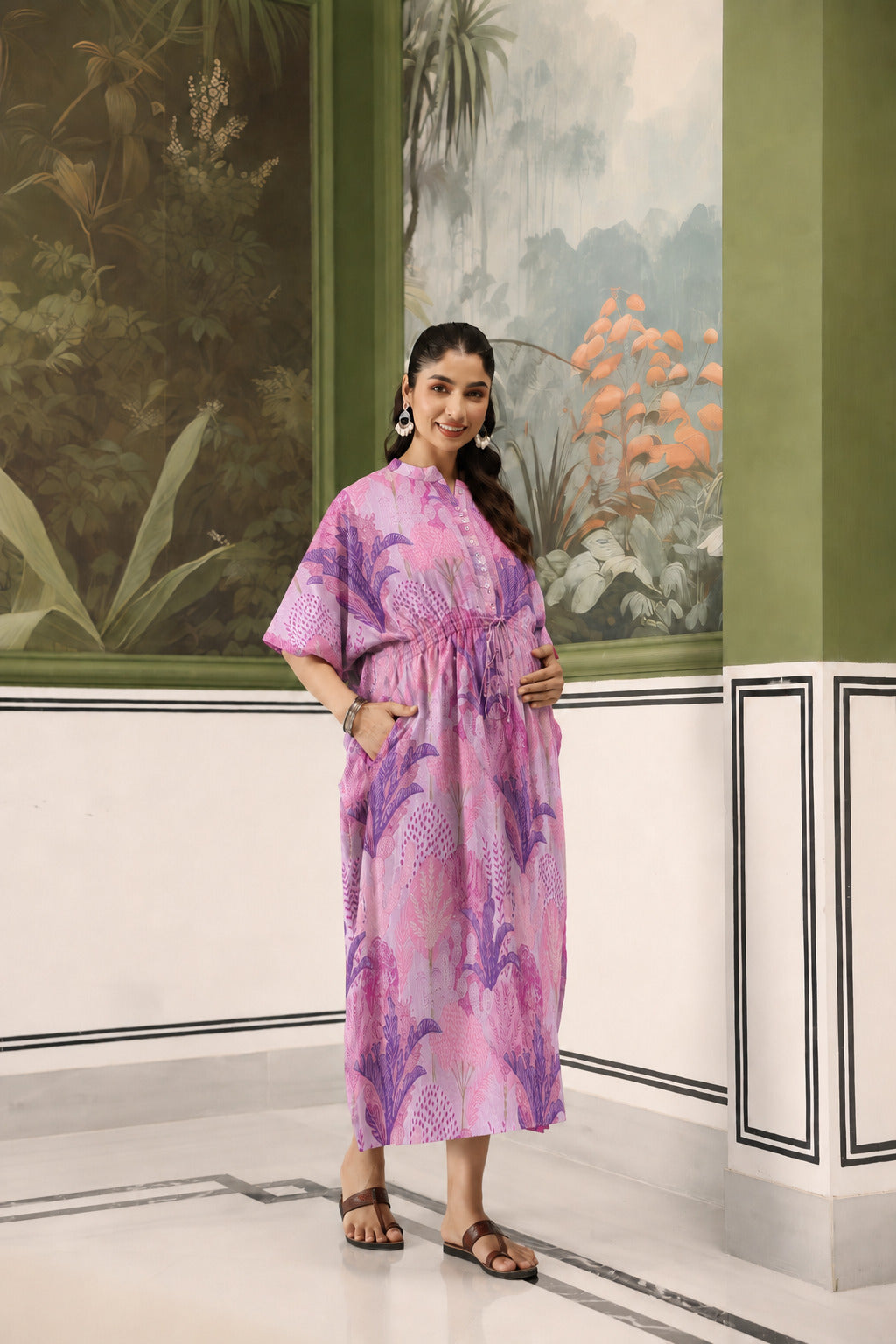Lavender Bloom Garden Cotton Maternity - Nursing Kaftan ( One-Size )