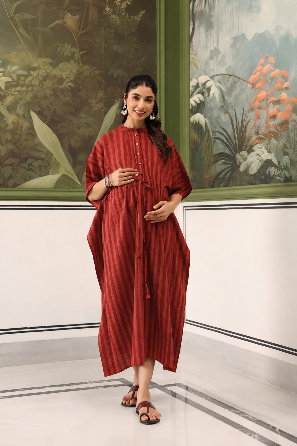 Rust Abstract Stripe Cotton Maternity - Nursing Kaftan ( One-Size )