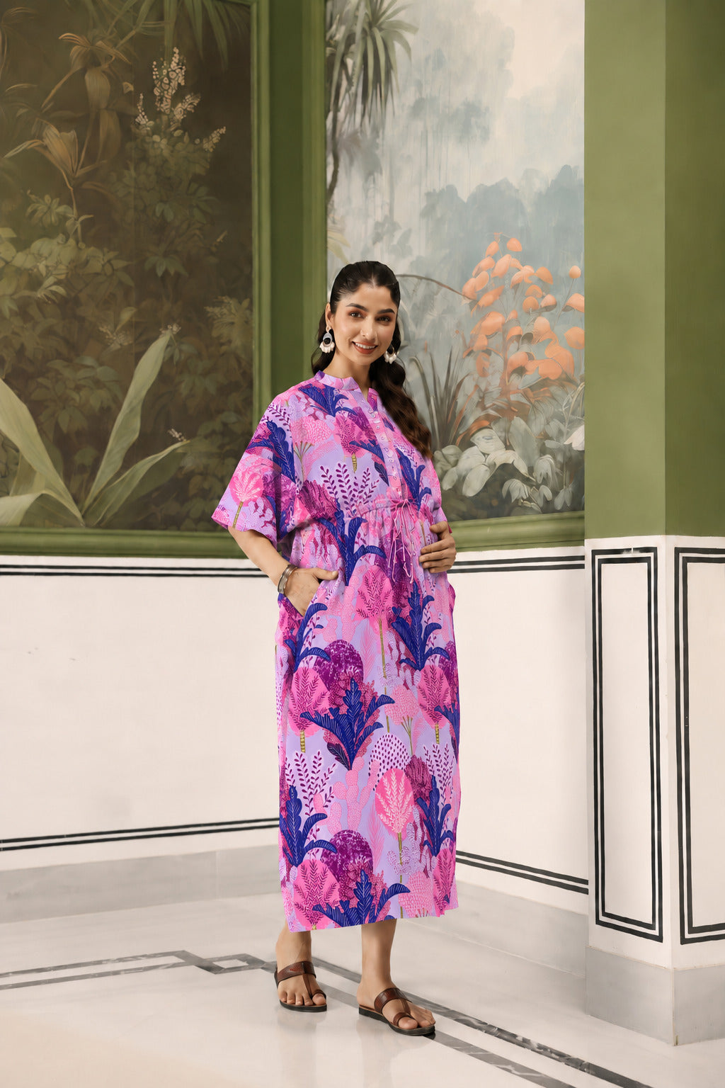 Lavender Bloom Garden Cotton Maternity - Nursing Kaftan ( One-Size )