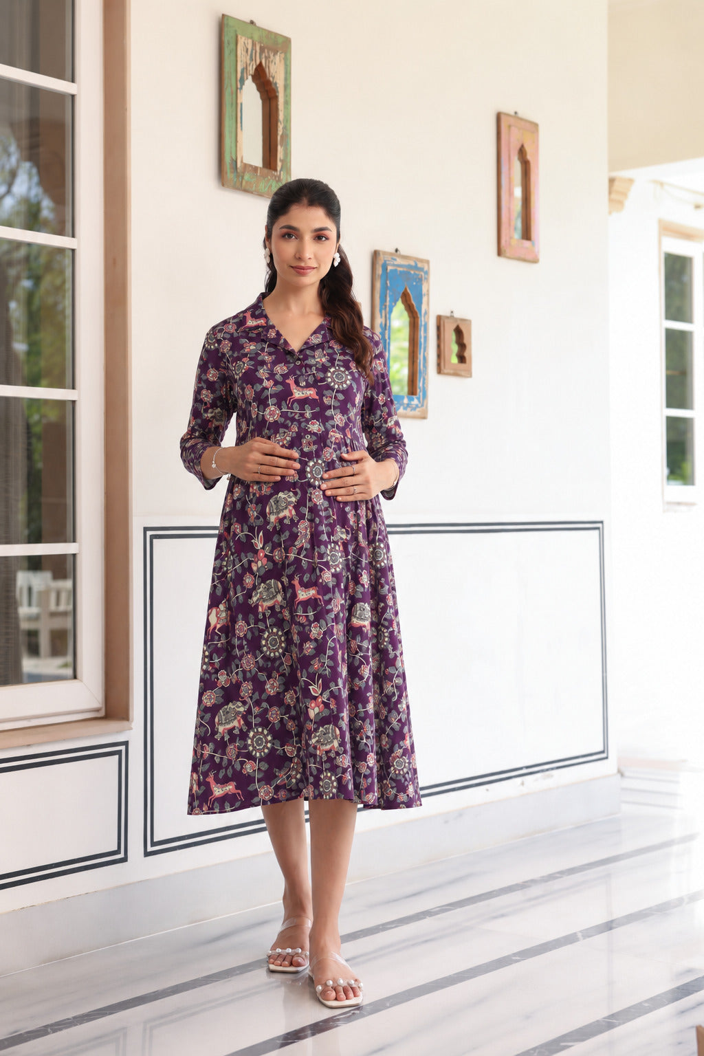 Purple Jungle Story Cotton Maternity - Nursing Dress