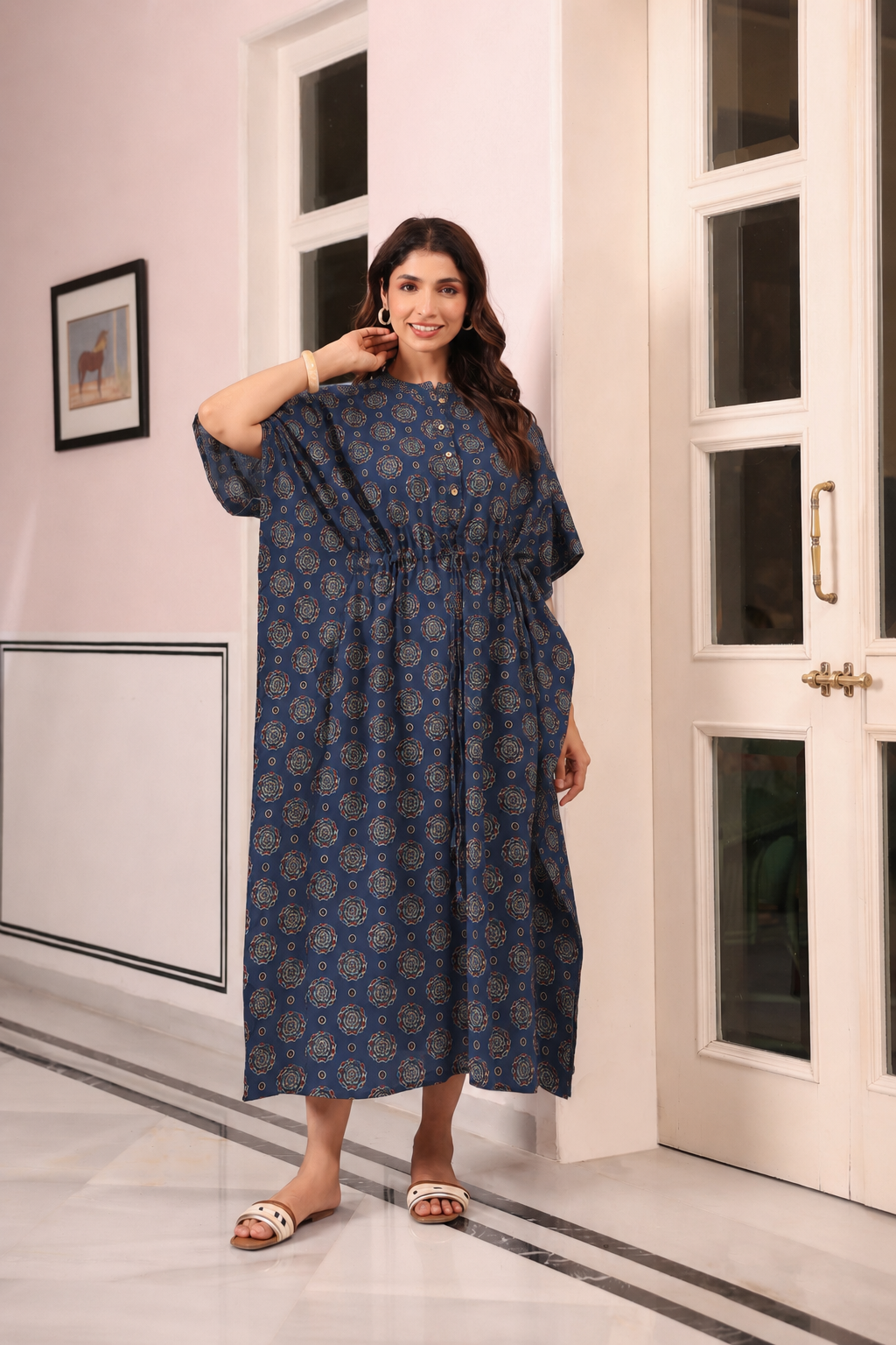 Indigo Mandala Bloom Cotton Kaftan ( One-Size )
