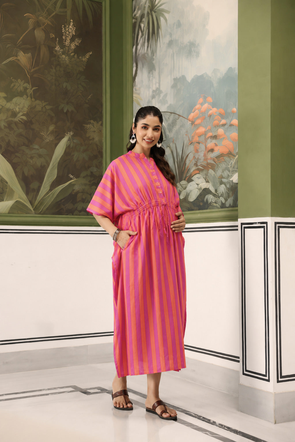 Rani Coral Stripes Cotton Maternity - Nursing Kaftan ( One-Size )