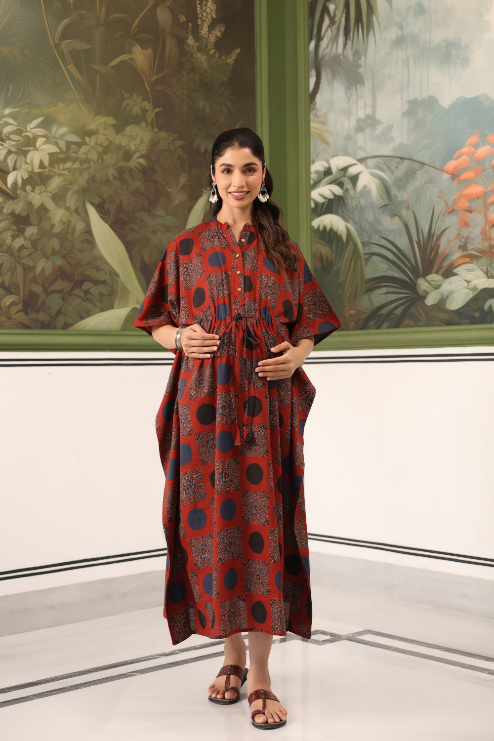 Maroon Mandala Cotton Maternity - Nursing Kaftan ( One-Size )